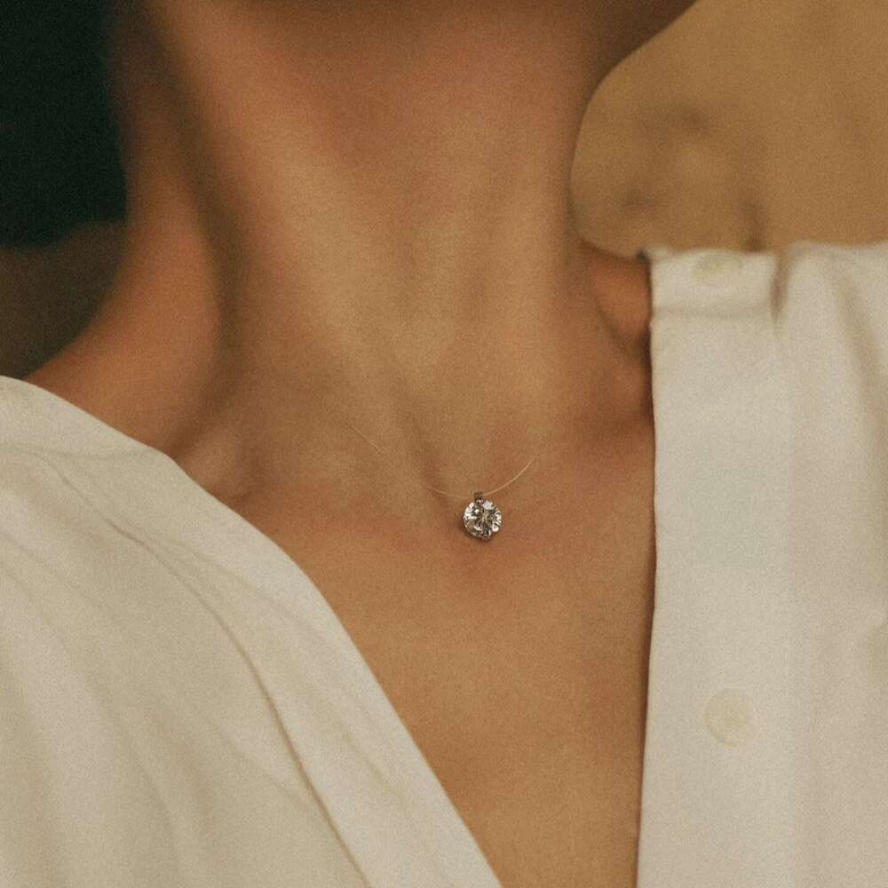 DHCollections 26 Inch Invisible Fish Line Moissanite Pendant Necklace 925 Sterling Silver Round Cut VVS1 Diamond Simulated Jewellery for Engagement or