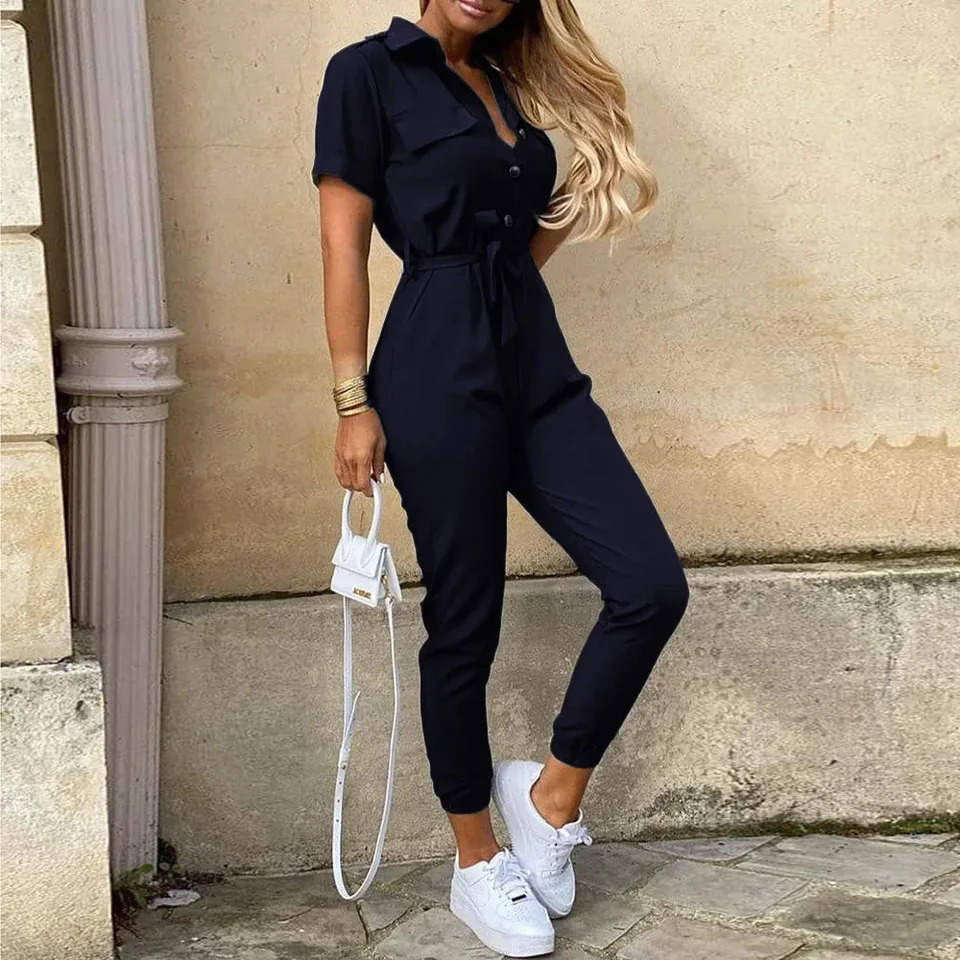 Womens Monochromatic Belt Workwear Jumpsuit Casual Pants Flip Collar Buckle European and American Summer 250603
