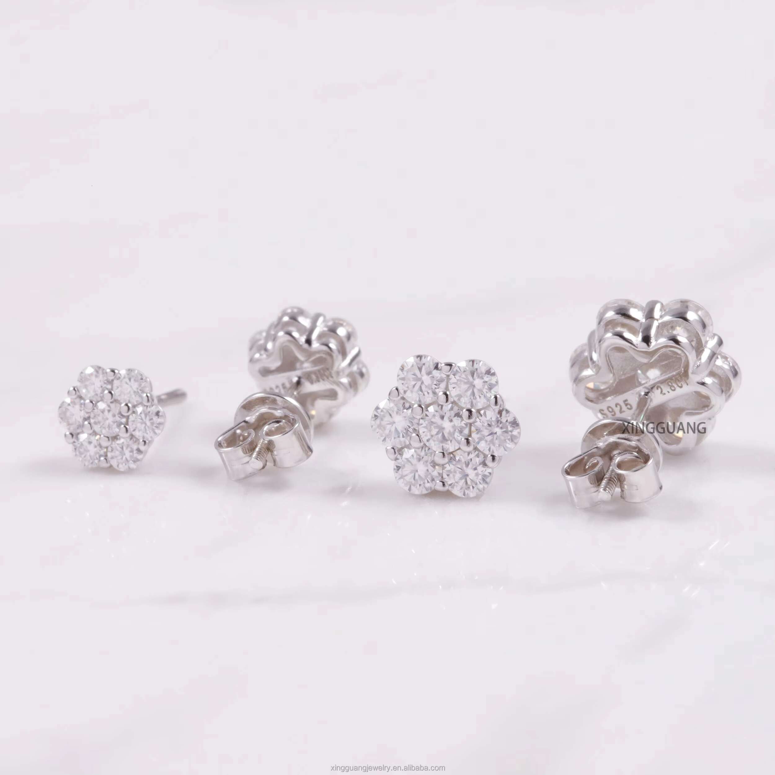 Fashion Jewelry Snowflake Design Round Moissanite Diamonds White Gold Plated 925 Sterling Silver Earring Studs Women Men