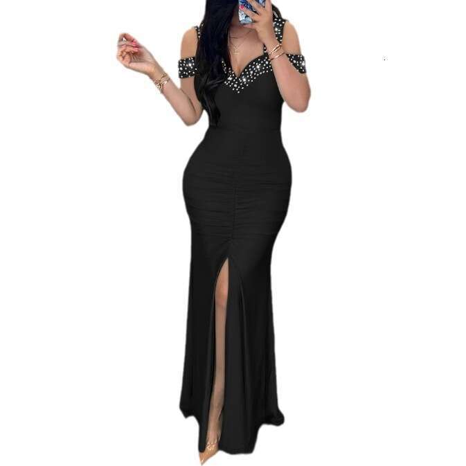 Women's Elegant Temperament Rhinestone Off-Shoulder Slim Fit High Waist Bodycon Split Dress B5