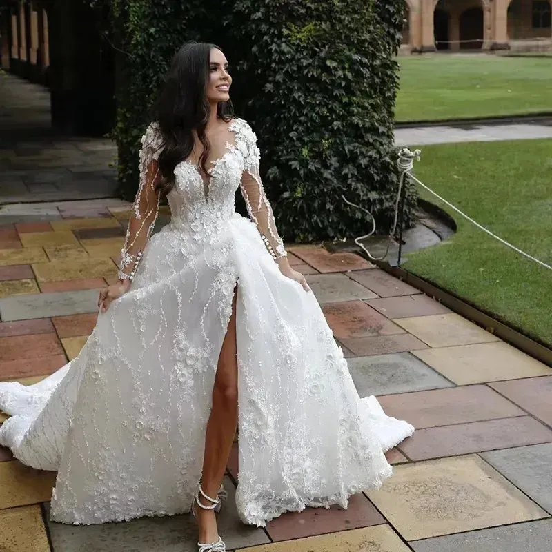 Customized Side Slit Sexy Wedding dresses America Fashion 3D Floral Lace Appliques On Neck Plus Size Bridal Gown