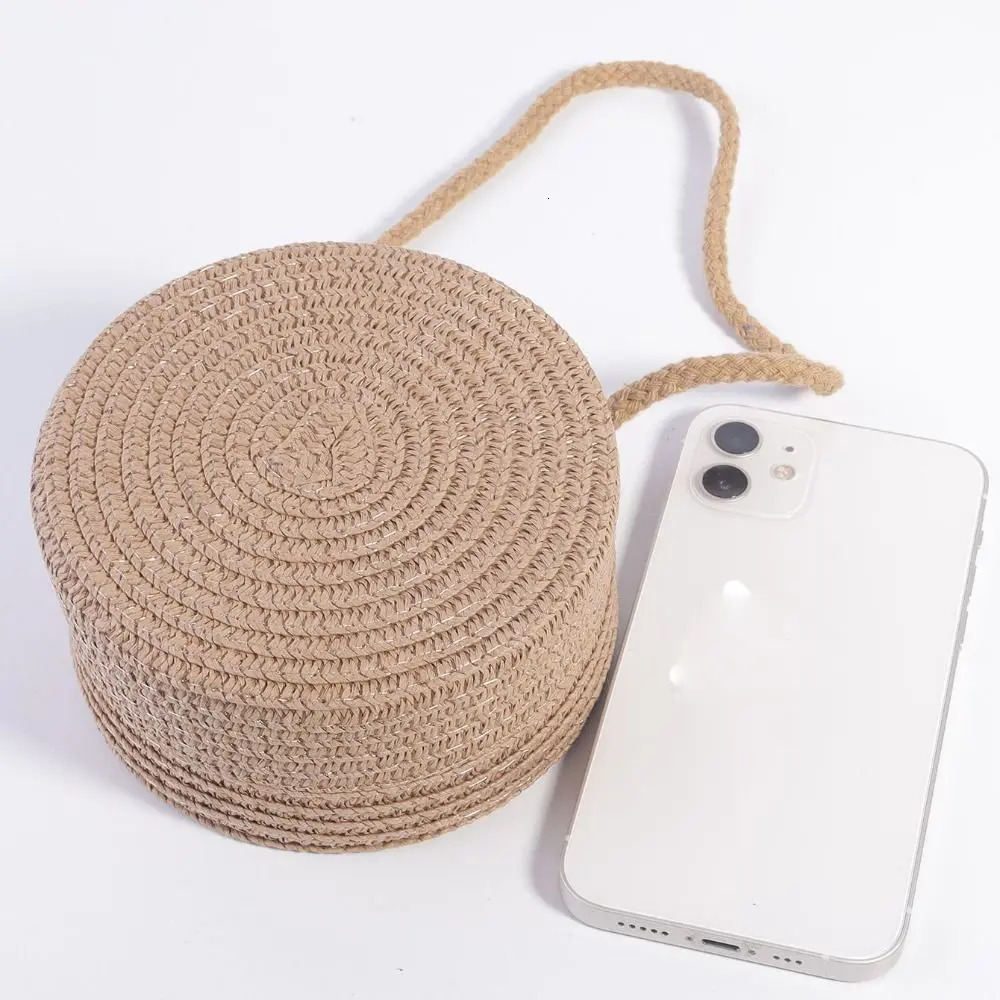 Mini Lace Bow Straw Bag Handwoven Round Summer Beach Zipper Lightweight Kids Crossbody Purse 250605