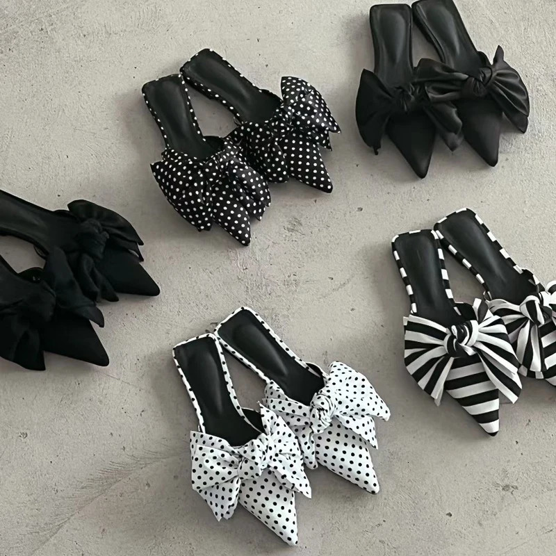 Summer Concise Pointed Toe Women Slippers Fashion Butterfly-knot Flats Party Mules Slide Shoes 250605