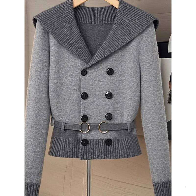Women's Clothing Temperament Double Breasted Loose Knitted Cardigan Autumn Winter Fashion Thick Turn-down Collar Sweaters