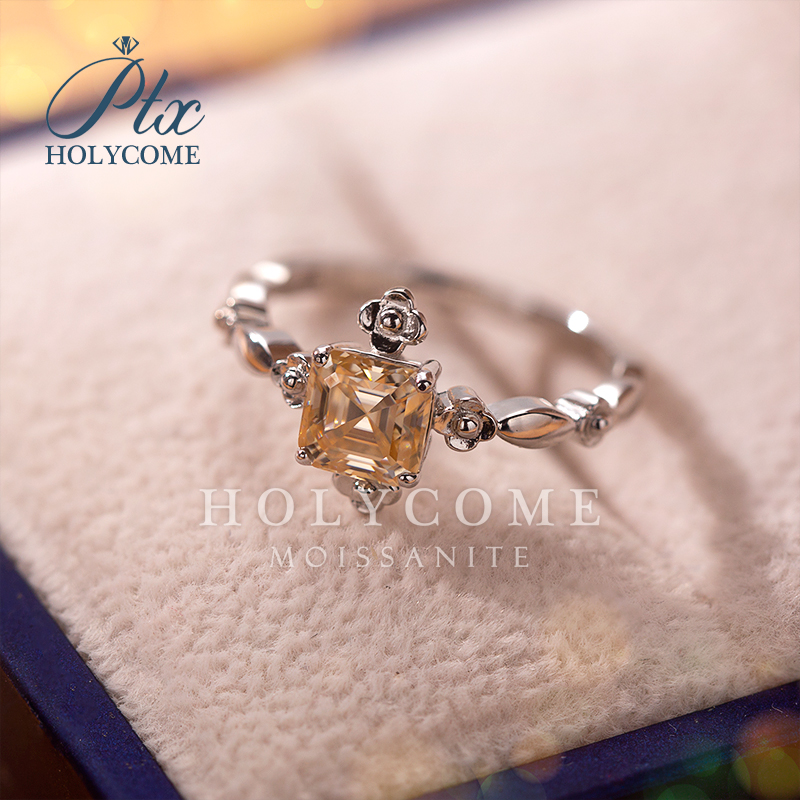 European American Fashion Women's Fine Ring Iced Out Diamond Champagne Moissanite Flower Square 1CT Exquisite Rings Jewelry for Women