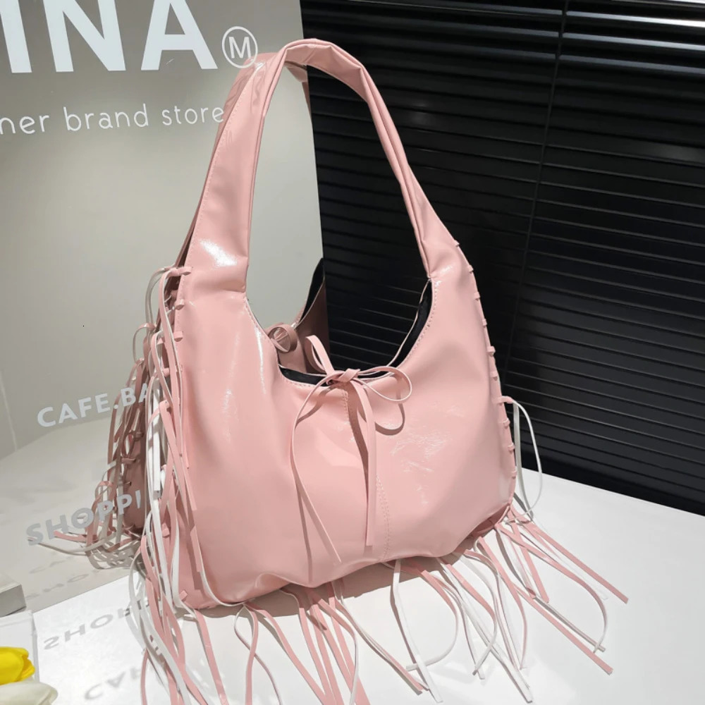 Spring Summer Tassel Lace-Up One Shoulder Bag Womens Casual All-Match Solid Versatile Tote Bags Daily Commute Underarm Packs 250605