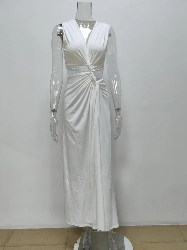 Leosoxs Summer Holiday Beach Maxi Dress Sexy Hollow Out Twist Knot High Split Dress Chic Sleeveless Deep V Female Long Vestidos 250529