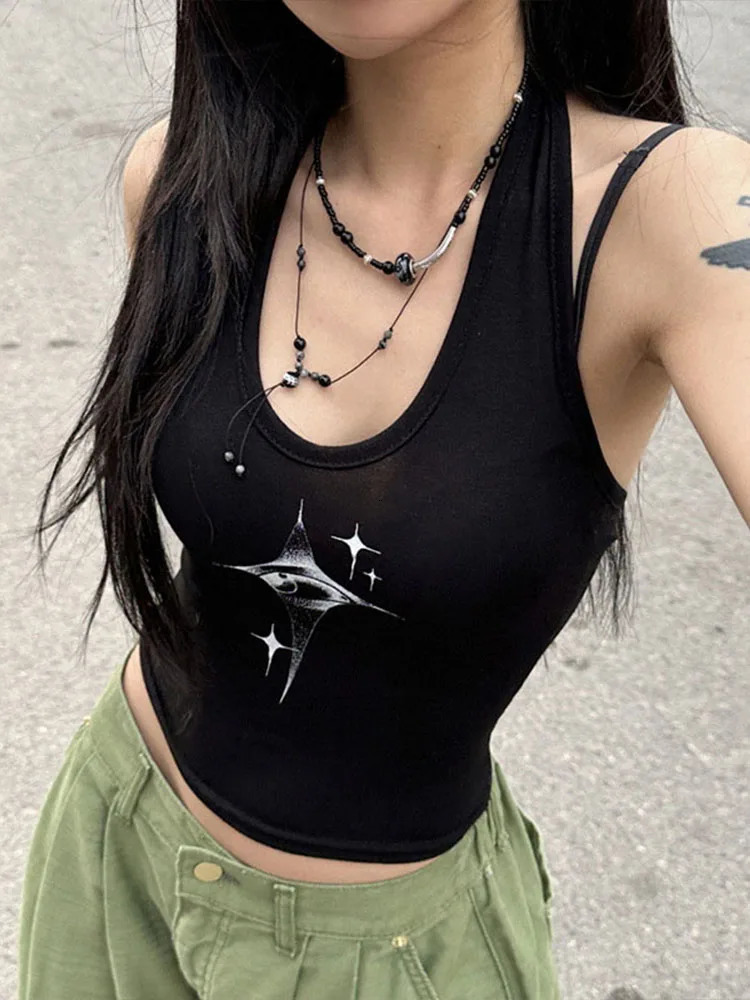 Top Women Y2k Devils Eyes Retro Print Hanging Neck Suspender Vest Womens Summer Korean Fashion Slim And Slimming Short 250527