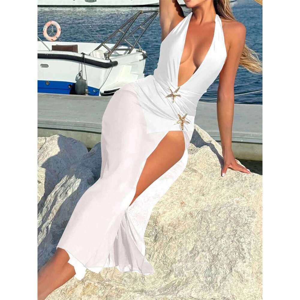 Sexy With Skirt Deep V Neck Metal Star One Piece Swimsuit Women Swimwear Female Backless Monokini Bather Bathing Suit Swim K6816