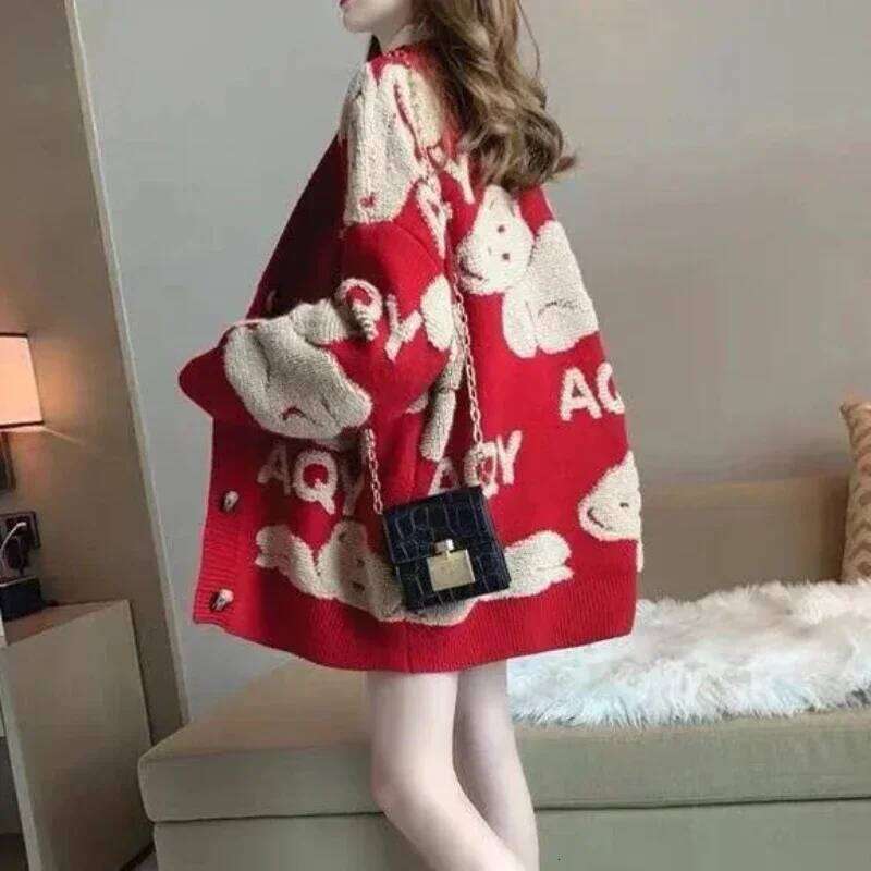 Long Knit Tops for Woman Graphic Black Winter Button Cardigan Cute Women's Sweater Kawaii V-neck Korean Fashion Crochet