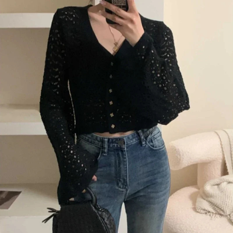 2025 Chic Korean Fashion Short Cardigans Knitted Poncho Women Summer Elegant Vintage Minimalist Lady Tops 250530