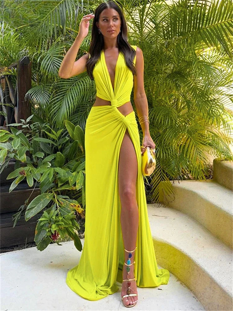 Leosoxs Summer Holiday Beach Maxi Dress Sexy Hollow Out Twist Knot High Split Dress Chic Sleeveless Deep V Female Long Vestidos 250529