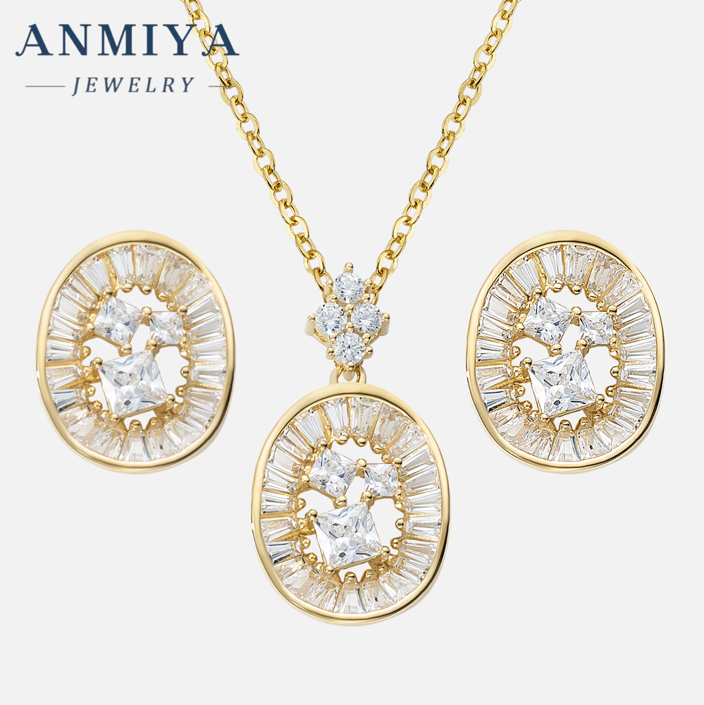18K Gold Round Shape Hollow Out Zircon 925 Silver Fashion Earrings Necklace Set Jewelry for Ladies