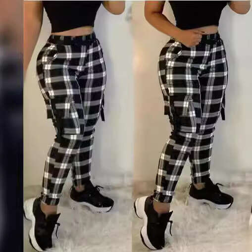 Women's Fashion Slim Fit Black Plaid Comfortable Casual Skinny Cargo Pants B5