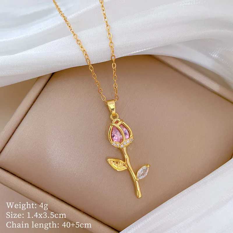 DIEYURO 316L Stainless Steel Fashion Pink White Crystal Rose Blossoms Pendant Necklace For Women New Clavicle Chain Jewelry Gift Y250605