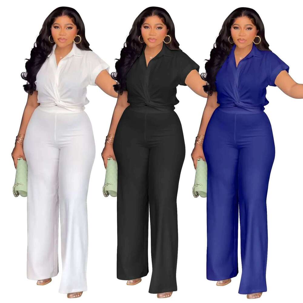 Summer New N8088 plus Size Women's Pure Color Short Sleeve Shirt High Waist Pants Two Piece Set Casual Comfortable Outfit