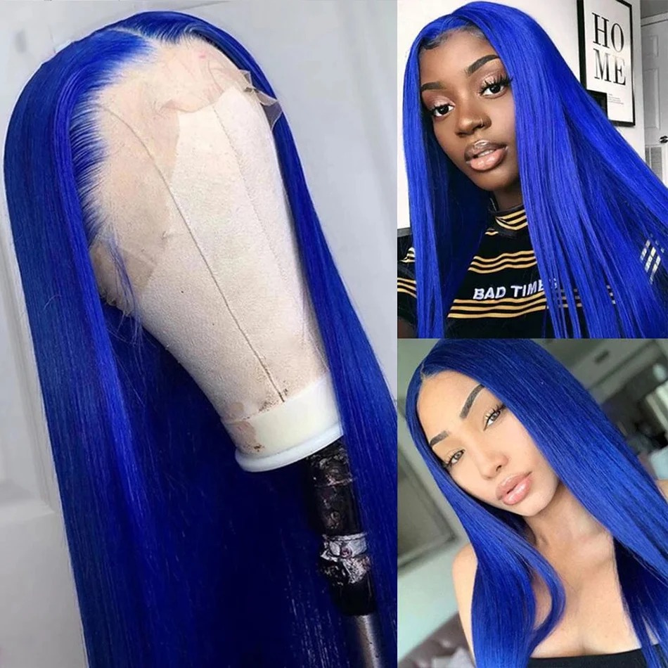 Navy Blue Color Hd Transparent Lace Frontal Wigs Human Hair For Black Women Brazilian Straight Blue Colored Lace Front Wig Synthetic