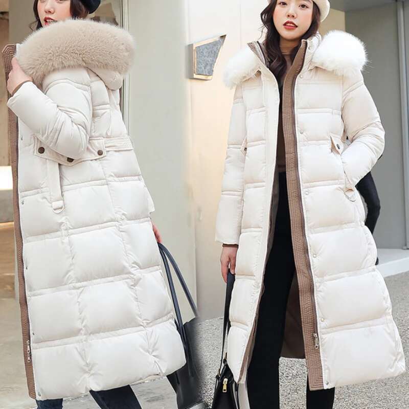 Long Parker Jacket 2022 Women Autumn Winter Thick Warm Coats Woven Block Trend Hooded White Black Korean Coat Parkas