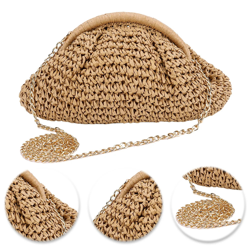 Women Straw Woven Bag Chain Strap Fashion Shoulder Large Capacity Weaving Satchel Solid Color for Party Vacation 250605