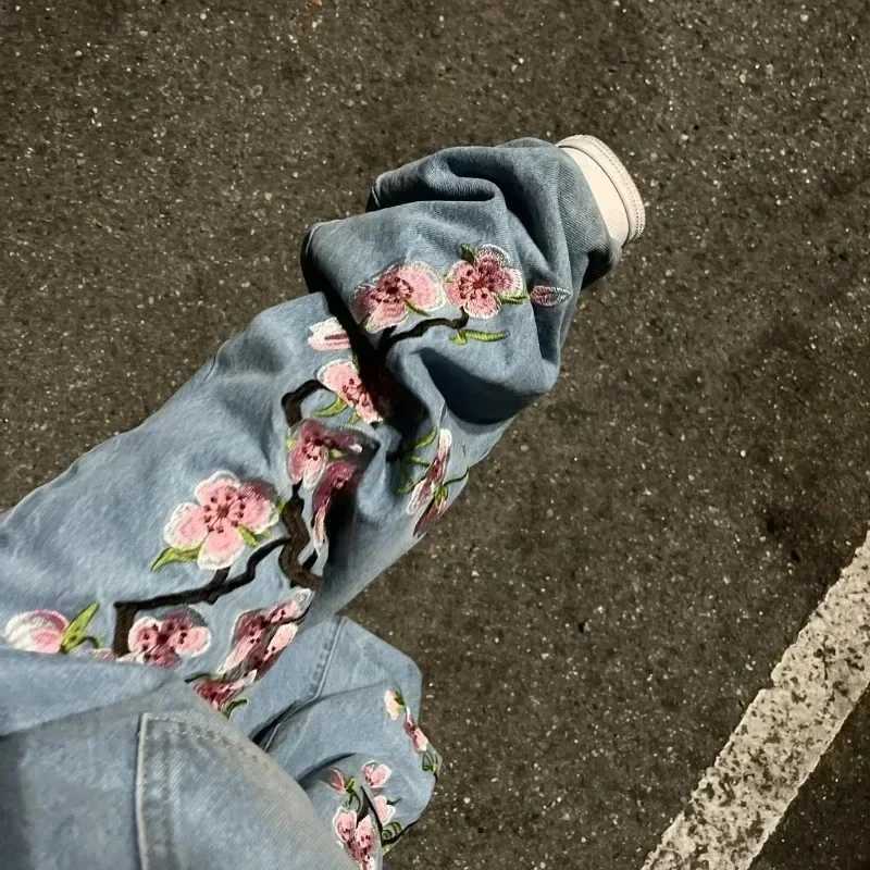 Harajuku Cherry Blossom Embroidery Baggy Jeans Y2K Fashion Jeans Men Women Hip Hop Streetwear Gothic Casual Wide Leg Denim Pants Z250605