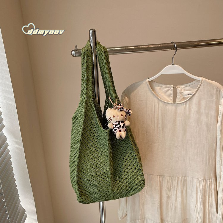 Cotton Thread Woven for Women 2025 New Knitted Hollow Shoulder Tote Lazy Style Beach Vacation Bag ddmynov