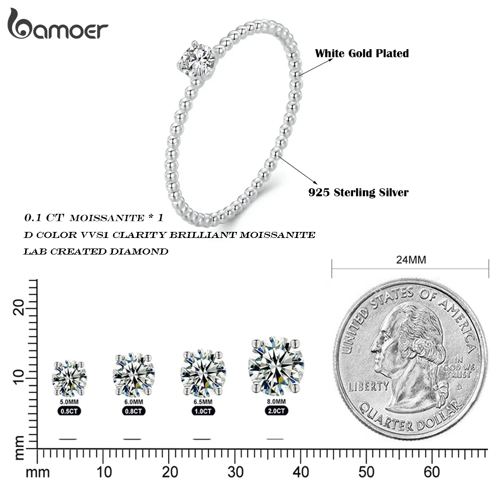 BAMOER 925 Sterling Silver Eternity Rope Wedding Band Ring, Stackable Moissanite Beads Ring for Women MSR046