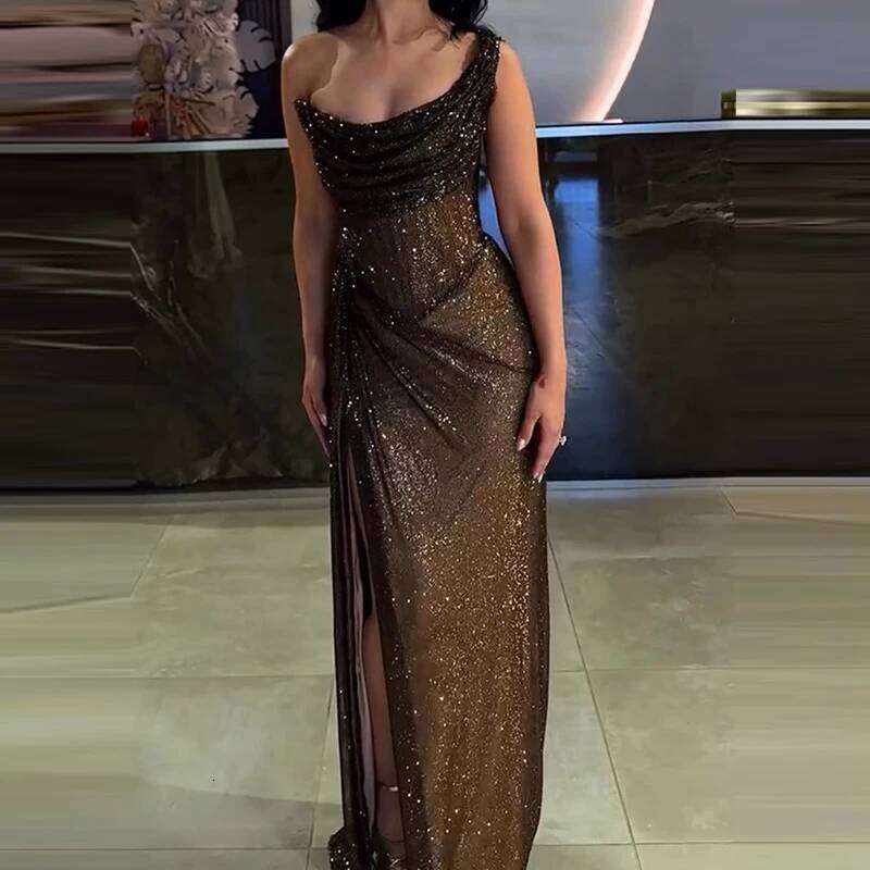 Casual Club Party Sequin Long Fashion Asymmetric Slim Off Shoulder Ladies Sexy Sleeveless Hollow Out Tail Dress