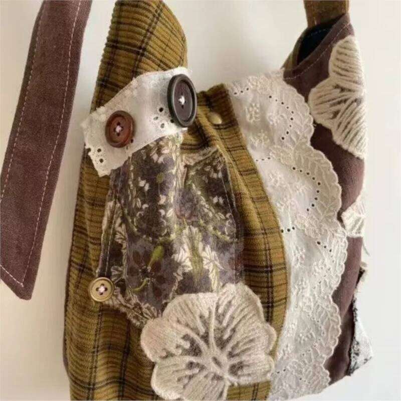 Vintage Lace Large Capacity Handbag Women Retro Patchwork Canvas Casual Shoulder Ladies Versatile Y2k Bags