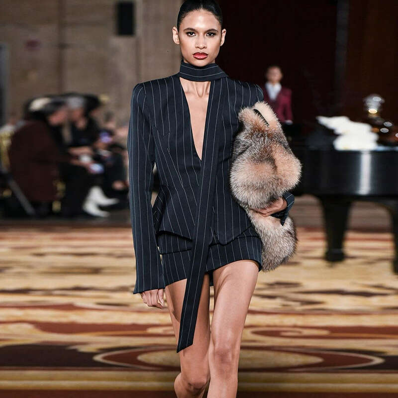 Fashion Autumn Winter New Women's Color Block Striped Print Slim Fit Waist Commuter Style Deep V Top B5