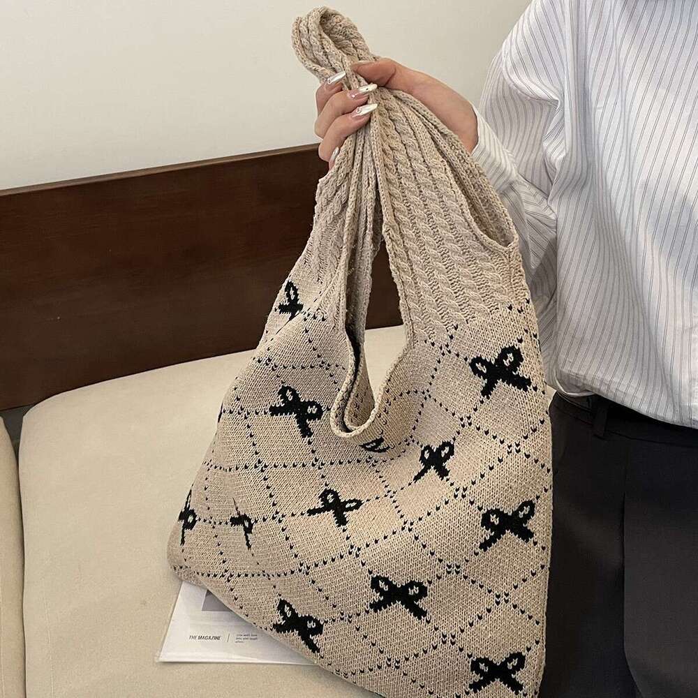 New INS Style Knitted With Bowknot Large Capacity Tote Bag For Women B5