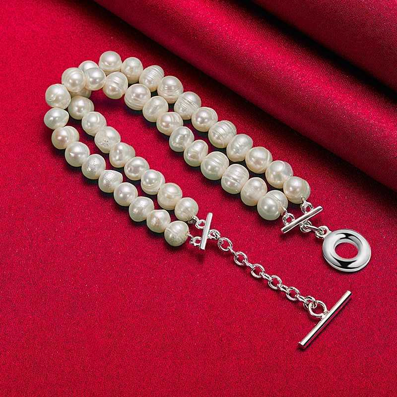 SHSTONE 925 Sterling Silver Double Artificial Pearls Chain Bracelet For Women Wedding Accessories Party Birthday Fashion Jewelry W250606