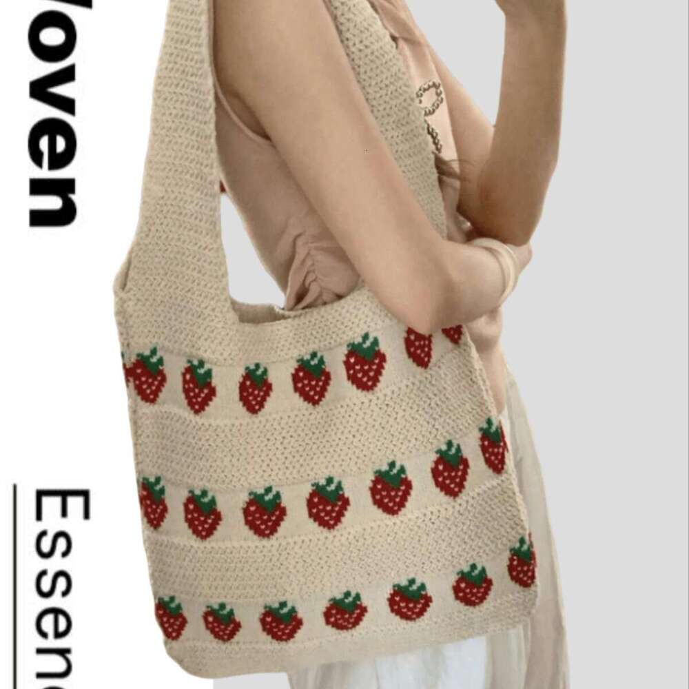 Tote Strawberry Pattern Woven Knitted Crochet Bag Durable Large Capacity Ladies Handbag B5