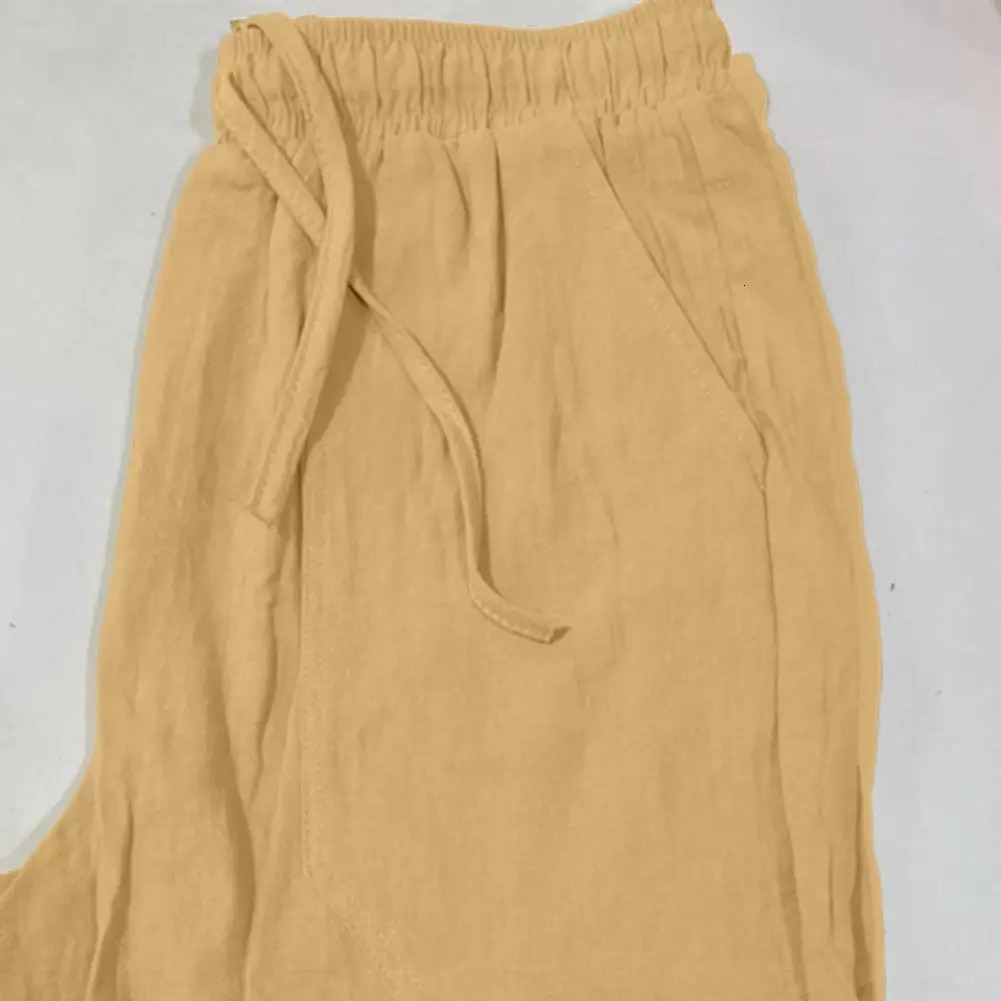 Mid-Rise Elastic Waist Drawstring Men Shorts Pockets Straight Wide Leg Knee Length Short Pants Solid Color Loose Beach Shorts 250605