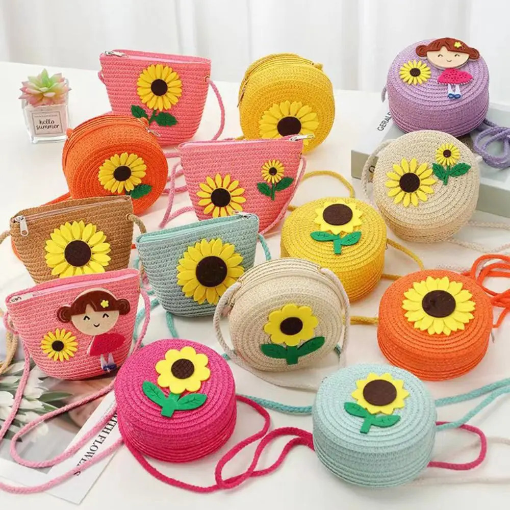 Children Girl Straw Bag Cute Flower Handmade Woven Messenger Travel Storage Basket Coin Purse Summer Kids Crossbody Handbag 250605