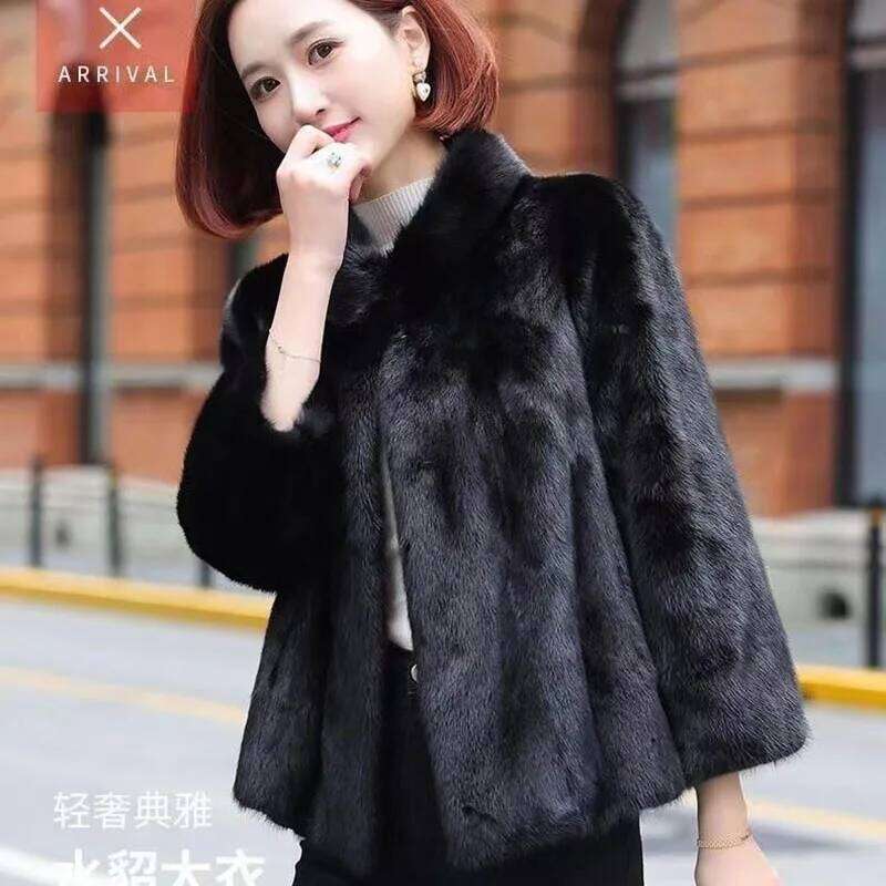 Women's New Imitation Mink Coat Slim Stand Collar Short Black Fur Jacket Autumn Winter Loose Ladies Soft Faux Plush Overcoat