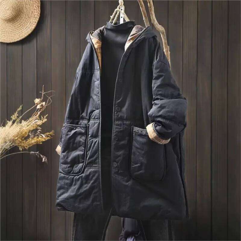 Johnature Women Vintage Hooded Button Solid Color Coats 2024 Winter New Long Sleeve Pockets Warm Plus Cotton Parkas