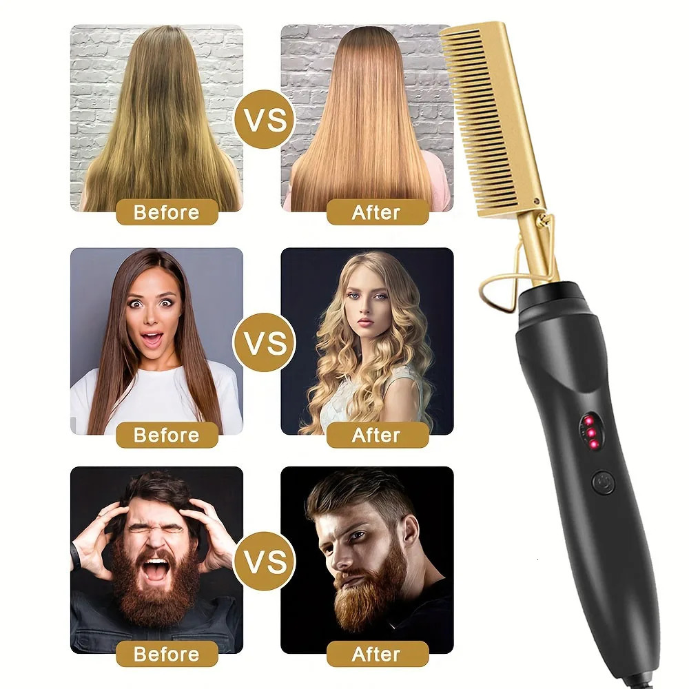1Pcs 2-in-1 comb straightener electric comb fast heating portable travel scalding beard straightener 250605