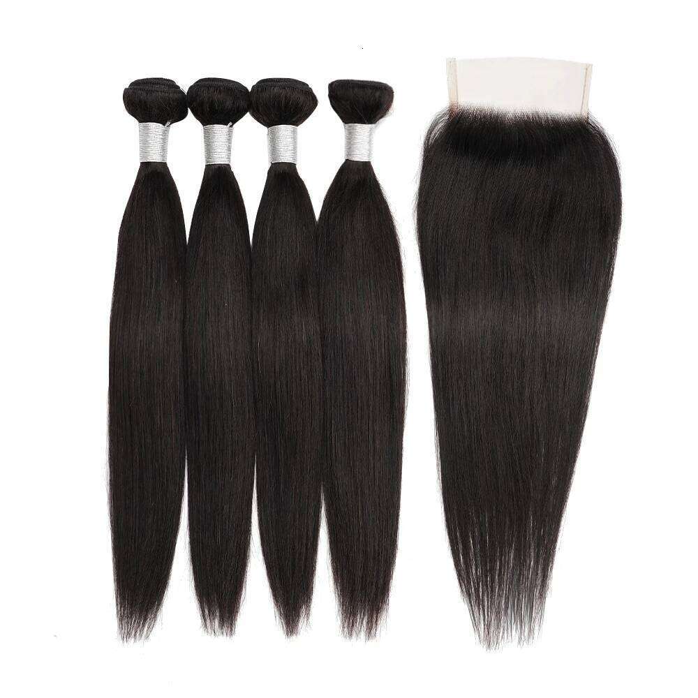 260Gram/Set For One Full Head 4 Bundles With Closure Black Color Remy Indian Human Hair Extension 4x4 Transparent Lace Closures