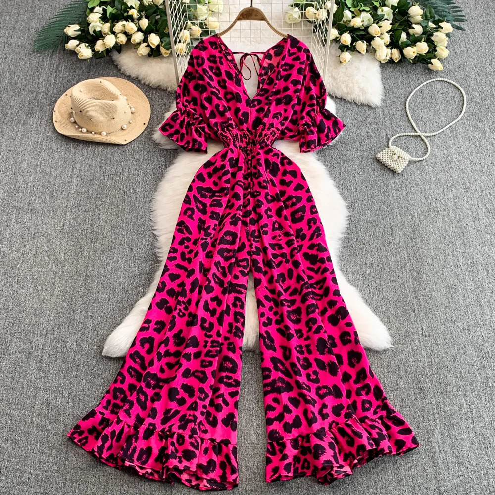 Summer Fashion V-Neck Leopard Print Lace-Up Jumpsuit Short Sleeve Loose Playsuit Overalls Women Elegant RuffleRompers 250530