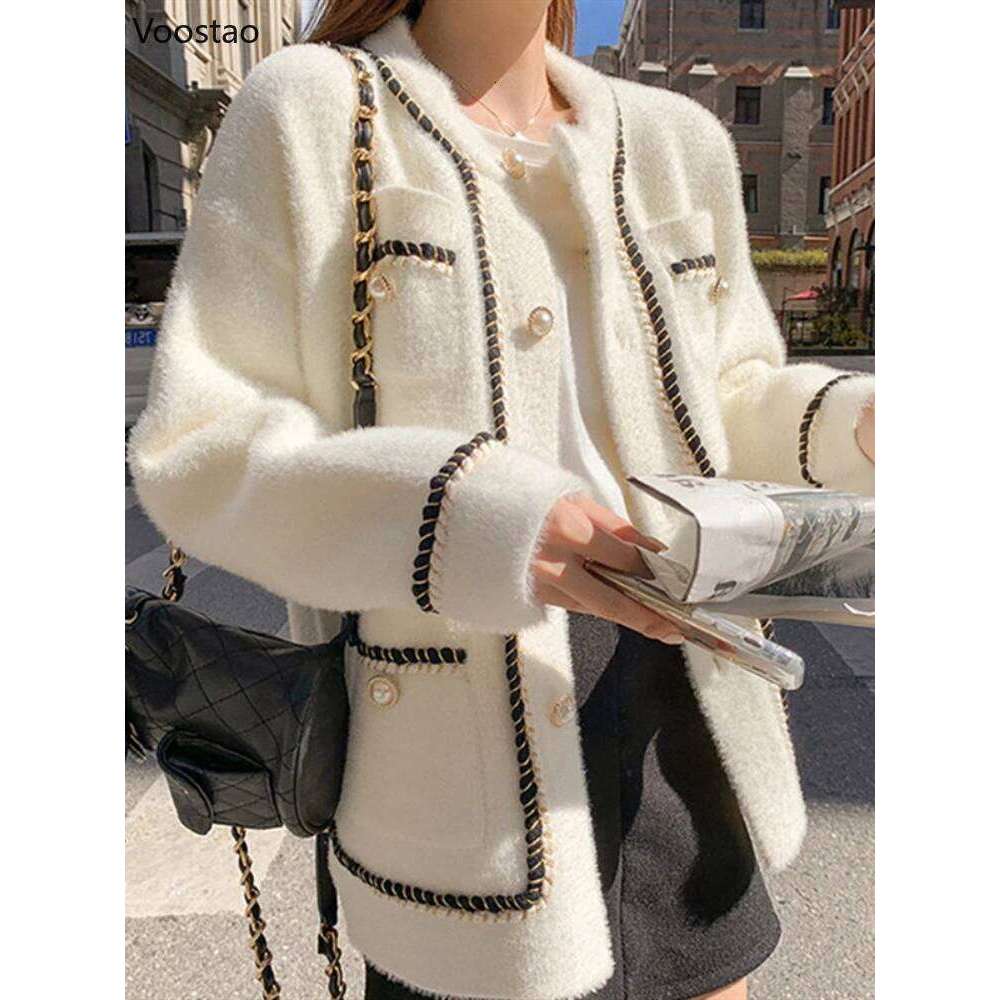 White Mink Cashmere Sweater Coat Women Autumn Winter Lazy Style Korean Retro Black Loose O-Neck Knitted Cardigan Fashion Outwear