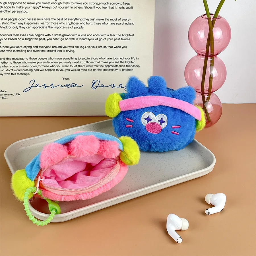 Cute Big Capacity Cat Plush Earphone Pouch Fluffy Coin Purse Keychain Bag Charm Backpack Accessories Adorable Gift for Girls Boys 250605