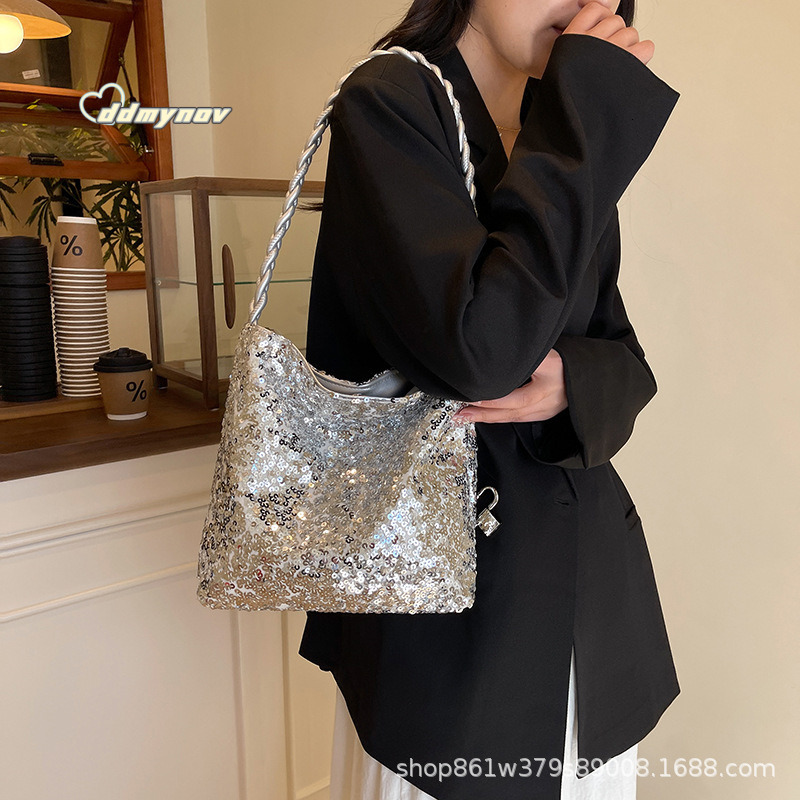 Fashion Sequin Handheld Bucket 2025 New Korean Style Niche Shoulder Lightweight Women's Bag High-end Feel ddmynov