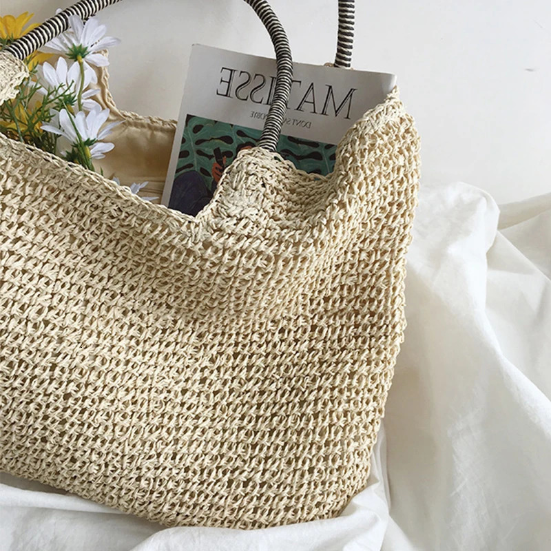 Women Beach Vintage Handmade Woven Shoulder Bag Raffia Rattan Shopping Bags Bohemian Ladies Summer Travel Vacation Casual 250530
