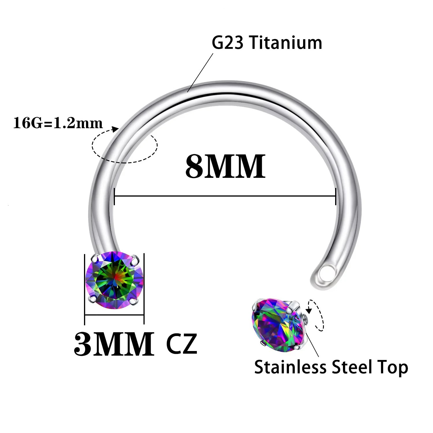 VOJO G23 16G CZ Septum Nose Rings Horseshoe Daith Cartilage Tragus Piercing Jewelry 250605