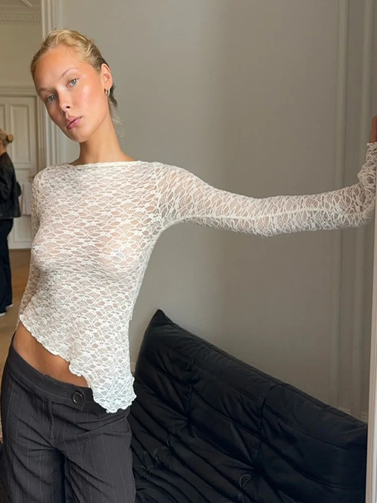 2025 Spring And Summer WomenS Solid Color Lace Slant Hem Sexy Long Sleeve T-Shirt Top Fashion Spice Girl Lace Tops 250605