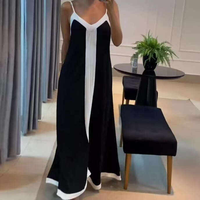 Women's Fashion Elegant Color-Block V-Neck Long Slip Dress B5