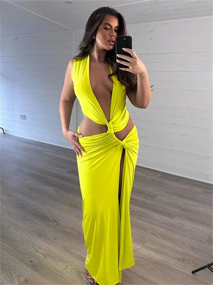 Leosoxs Summer Holiday Beach Maxi Dress Sexy Hollow Out Twist Knot High Split Dress Chic Sleeveless Deep V Female Long Vestidos 250529