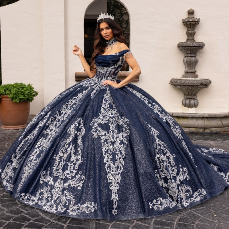 Navy Blue Shiny Quinceanera Dresses Ball Gown Off The Shoulder Applique Lace Beading Tull Corset Sweet 16 Dress Vestidos 15 Anos