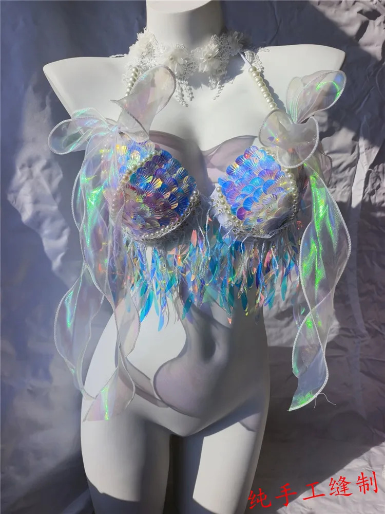 RM Handmade Mermaid Sequin Shell Bikini Top Bra Oceanarium Bar Table Performance Costume Fishtail Leather 250530