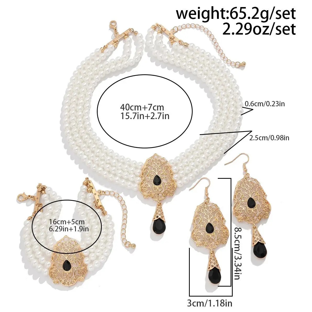 SHIXIN Multilayer Imitation Pearl Necklace Bracelet Earring Women Water Drop Green Rhinestone Choker Wedding Jewelry Set 250530